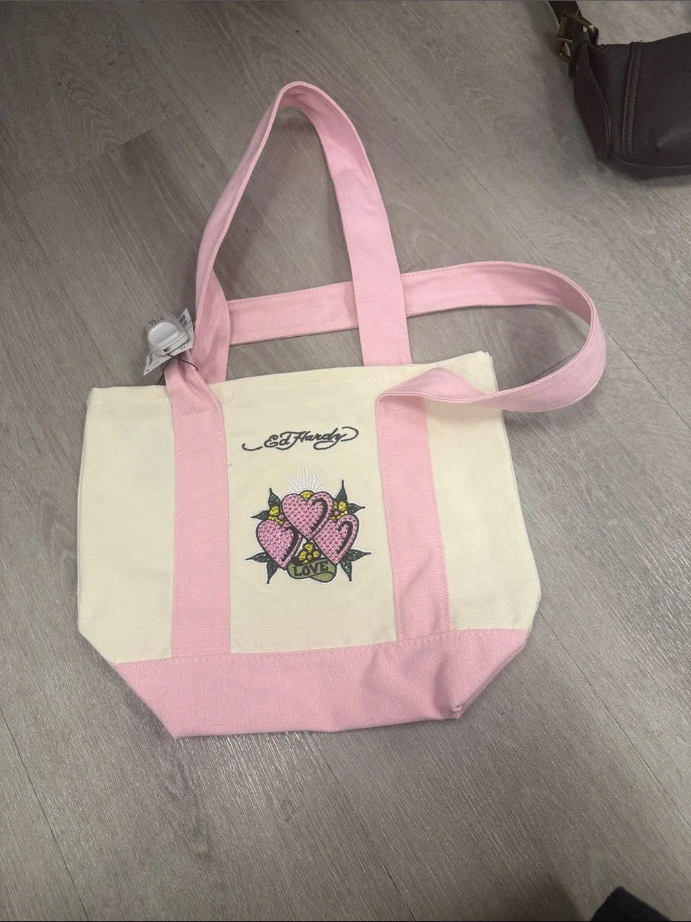 Ed Hardy Pink & Cream Canvas Tote with Heart Love Graphic